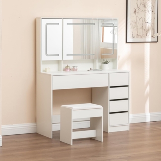 Thanaddo Schminktisch mit verstellbaren LED-Spiegel, Schminktische mit Hocker und Schubladen (Schminktisch mit LED), Mit 9 Fächer zur Aufbewahrung,Mit 3 Helligkeitsstufen