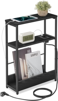 VASAGLE Beistelltisch schmal, Nachttisch mit Ladefunktion, Couchtisch klein, 3 Ablagen, Zeitschriftenhalter, für Wohnzimmer, Schlafzimmer, Arbeitszimmer, ebenholzschwarz-tintenschwarz LET335B02