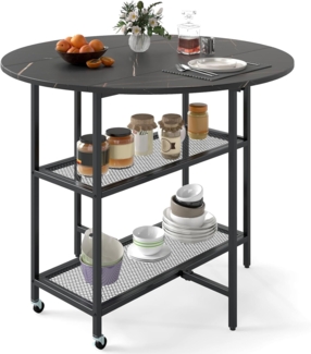 FANTASK Esstisch klappbar für 2-4 Personen, runder Esszimmertisch Küchentisch mit 2 Ablagefächern, mobiler Klapptisch Marmor Optik für Esszimmer, Wohnzimmer (Schwarz)