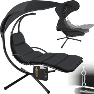 tectake® Hängeliege mit Gestell, Schwebeliege, Schwingliege mit Sonnendach, Schaukelliege, Hängesessel inkl. Tasche, Polsterauflage mit Kopfkissen, für Garten, Terrasse und Balkon - schwarz