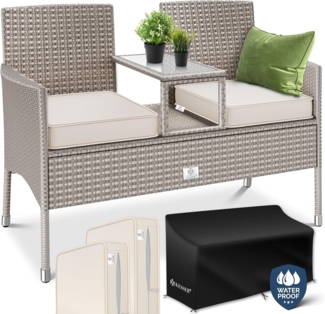 KESSER® Polyrattan Gartenbank 2-Sitzer Bank mit integriertem inkl. Tisch & Kissen - 133 × 55 × 84 cm - Rattan Sitzbank Garten Balkon Gartensofa wetterfest Sitzgruppe Ultra Stabile Grau