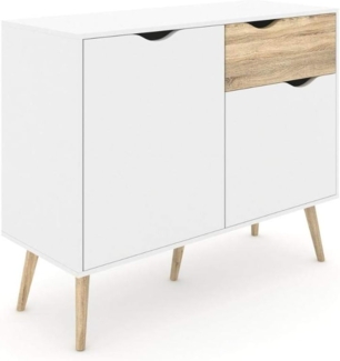 Sideboard mit zwei Türen und einer Schublade, Weiß und Eiche, Maße 98 x 81 x 39 cm