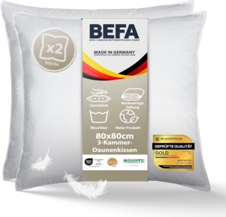 2 tlg. 3-Kammer-Kopfkissen "Träum süß" kuschelweiches Premium Daunen- & Feder-Kissen 80x80 cm, BEFA NATUR, Füllung: Außen: 90% Daunen, 10% Federn - Innen: 100% Federn, Seitenschläfer, Rückenschläfer, Bauchschläfer, Spar-Set, Made in Germany
