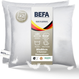 2 tlg. 3-Kammer-Kopfkissen "Träum süß" kuschelweiches Premium Daunen- & Feder-Kissen 80x80 cm, BEFA NATUR, Füllung: Außen: 90% Daunen, 10% Federn - Innen: 100% Federn, Seitenschläfer, Rückenschläfer, Bauchschläfer, Spar-Set, Made in Germany