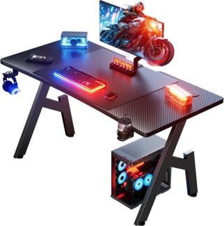 HLONONE Gaming Schreibtisch 140x60 cm, Gaming Tisch, Stabiler PC Schreibtisch mit Kohlefaserbeschichtung, Ergonomischer Computertisch mit Kopfhörerhaken und Getränkehalter, Schwarz