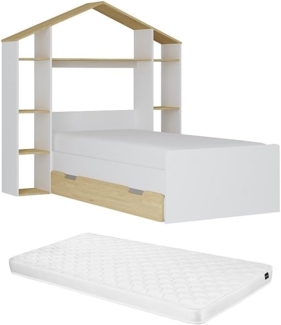 Vente-unique - Hausbett + Matratze - 90 x 190 cm - Weiß & Holzfarben - JERACO