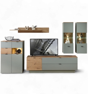 Stella Trading INA Wohnwand Komplett-Set in Schilfgrün, Artisan Eiche Optik FSC-Zertifiziert - Moderne Schrankwand 6-teilig mit LED-Beleuchtung für Ihr Wohnzimmer - 340 x 200 x 44 cm (B/H/T)