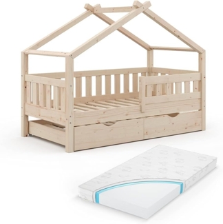 Vitalispa Hausbett Naturholz 80x160 cm mit Gästebett und Matratze, Design