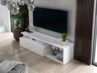 Dmora - Fernsehschrank Baltico, Ständer für Wohnzimmerfernseher, Niedriges Wohnzimmer-Sideboard, TV-Ständerbasis, 160x38h41 cm, Weiß und Glänzendes Weiß