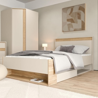 Forte WEXLIN Bettgestell, Liegefläche 120x200 cm, modernes Bett mit Schublade und Regal, Kinder- und Jugendzimmer,Kaschmir|Beige|Mauvella Eiche Holzdekor, 130 cm breit x 96,3 cm hoch x 210,8 cm tief