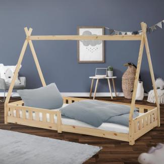 ML-DESIGN Kinderbett Hausbett Tipi Zeltbett inkl. Lattenrost Bodenbett Kinder Himmelbett, Abenteuerbett mit Rausfallschutz Zelt Spielbett Kiefer Natur