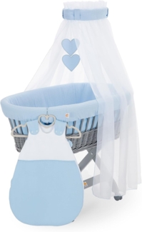 FabiMax Stubenwagen Grau lackiert, 2 in 1 Musselin / Waffelpiqué Komplettset Blau mit Schlafsack