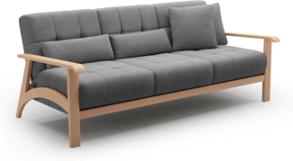 Cavadore 3er-Sofa Billan / 3-Sitzer Schlafsofa im skandinavischen Design mit Bett und massivem Holzgestell in Buche / 199 x 88 x 106 / Flachgewebe, Grau