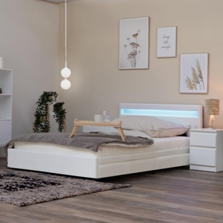 HOME DELUXE - LED Bett NUBE - Weiß, 140 x 200 cm - inkl. Lattenrost und Schubladen I Polsterbett Design Bett inkl. Beleuchtung