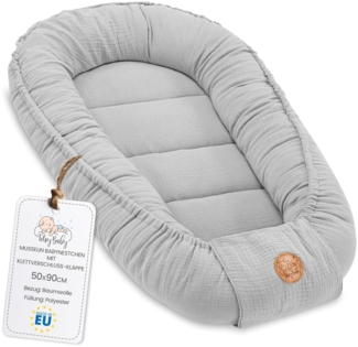 Babynest babynestchen neugeborene mit tragegriff 90x50 cm baby nestchen tragbar nest für bett kinder kuschelnest coccon für Jungen und Mädchen Grau Musselin C