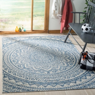 SAFAVIEH Zeitgenössische Teppich für Innen - & Außenbereich - Courtyard Collection, Kurzer Flor, Hellgrau und Blau, 160 X 231 cm