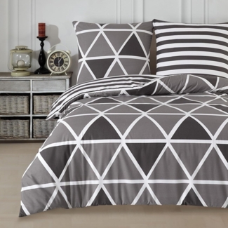 Buymax Bettwäsche Memento, Bettgarnitur, Bettbezug Set, Renforce: 100% Baumwolle, 4 teilig, mit Reißverschluss, modern, Karo, Streifen, Grau, Weiß, 135x200 cm