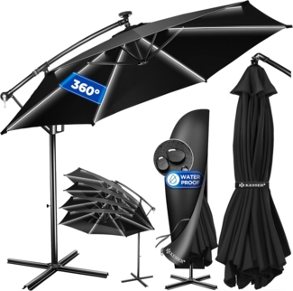 Kesser® Sonnenschirm LED Solar mit Abdeckung, Polyester / Aluminium schwarz, Ø 300cm