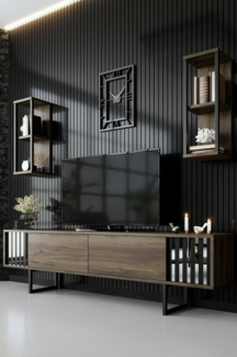 Dmora - Fernsehschrank Ananke, Ständer für Wohnzimmerfernseher, Niedriges Wohnzimmer-Sideboard, TV-Ständerbasis, 180x30h48 cm, Walnuss und Schwarz