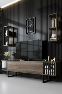 Dmora - Fernsehschrank Ananke, Ständer für Wohnzimmerfernseher, Niedriges Wohnzimmer-Sideboard, TV-Ständerbasis, 180x30h48 cm, Walnuss und Schwarz