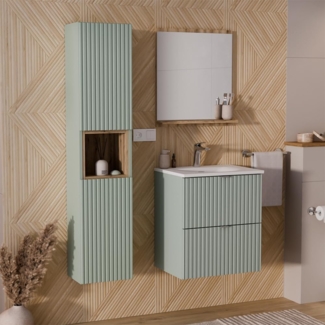 Lomadox Badmöbel-Set NEWPORT-56-GREEN, (Spar-Set, 3-St, Hochschrank Regaleinsatz Spiegel Waschtisch), in grün und Eiche, gerillte Front, 140cm Waschtisch, 40cm tief