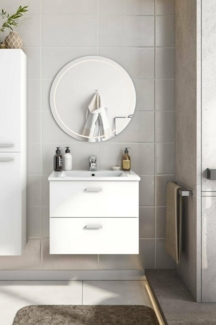 Dmora - Badezimmermöbel Maltby, Badezimmerschrank, Mehrzweckschrank, Hängeschrank mit Spiegel, 60x45 h50 cm, Glänzendes Weiß