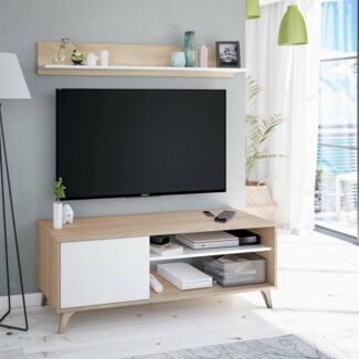 Dmora - TV-Ständer Mesa, Sideboard für Wohnzimmerfernseher mit 1 Tür, TV-Ständer im Wohnzimmer, Design-Sideboard, cm 135x40h50, Eiche