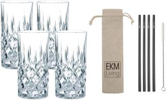 Nachtmann Noblesse Longdrink 375 ml 4er Set 89208 + 4er Set EKM Living Edelstahl Strohhalme schwarz gerade