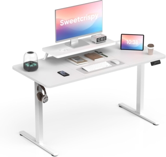 Sweetcrispy Höhenverstellbarer Schreibtisch mit Monitorständer, 140x60 cm Schreibtisch Höhenverstellbar Elektrisch, Ergonomischer Steh-Sitz Tisch, Computertisch Standing Desk, Weiß