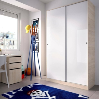 Dmora - Kleiderschrank 2 Türen Denali, Kleiderbügel für Schlafzimmer, Schiebetürenschrank, 120x50h204 cm, Weiß und Eiche