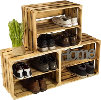 3 x Schuhschrank Schuhregal aus geflammten Holzkisten Schuhablage für 12 Paar Schuhe als Schuhständer Schuhaufbewahrung aus Holz Maße 50 x 30 x 40 cm (je Kiste) stabiles Regal in Obstkisten Optik