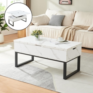 Couchtisch Rauli mit Hebeplatte und Stauraum 100x50x47 cm Marmoroptik, weiß [en. casa]