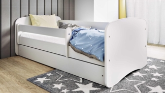 Bjird Kinderbett Jugenbett Weiß 140x70 160x80 180x80 (Einzelbett optional mit Matratze), inklusive Schublade und verstellbaren Rausfallschutz