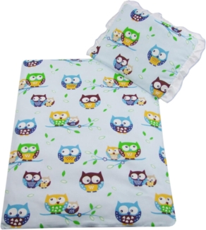 Rawstyle 4 tlg. Set Bezug für Kinderwagen *EULEN-MOTIV* Garnitur Bettwäsche Decke + Kissen + Füllung (Heulen Hellblau)