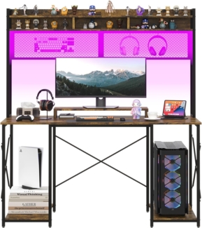 JUMMICO Gaming Tisch Schreibtisch 120 x 60 x 162 cm mit USB-Anschluss und Steckdose, Schreibtisch Computertisch mit Regal und Monitorständer LED-Beleuchtung, PC Tisch fürs Homeoffice (Braun)