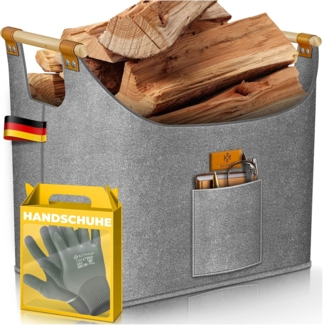 KESSER® Brennholzkorb | Kaminholztasche extra dicker Filz | Feuerholzkorb faltbar mit verstärkten Holzgriffen | Aufbewahrungskorb für Holz, Zeitung oder Brennholz | Inkl. Arbeitshandschuhen Grau, 60 Liter