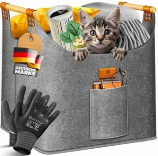 KESSER® Brennholzkorb | Kaminholztasche extra dicker Filz | Feuerholzkorb faltbar mit verstärkten Holzgriffen | Aufbewahrungskorb für Holz, Zeitung oder Brennholz | Inkl. Arbeitshandschuhen Grau, 60 Liter