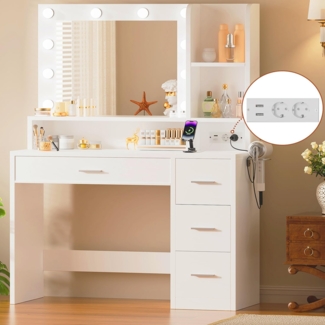 JUMMICO Schminktisch mit LED Beleuchtung und Steckdosen, Schminktisch mit Spiegel Kosmetiktisch mit 4 Schublade 10 LED Glühbirne, Weiß