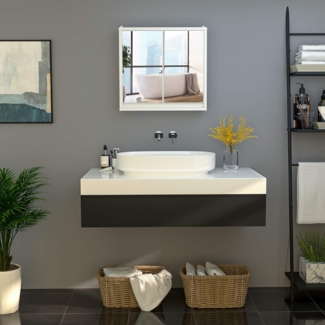 HOMCOM Spiegelschrank Badezimmerschrank Badschrank Hängeschrank Badmöbel mit 2 Ablagen Wandschrank Holz Weiß 48 x 14,5 x 45 cm