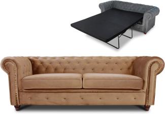 Schlafsofa Chesterfield Asti Bis 3-Sitzer, Sofa mit Schlaffunktion, Couch 3-er, Couchgarnitur, Sofagarnitur, Holzfüße - Glamour Design, Velours (Beige (Velvet 28))