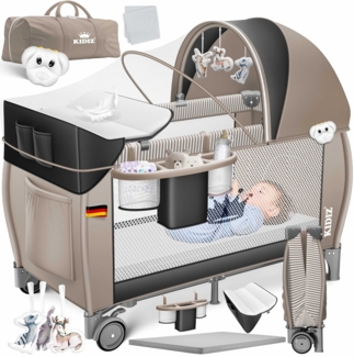 KIDIZ® Babybett Reisebett Kinderreisebett Faltbar mit Matratze 120x60, Seiteneingang, Wickelauflage, Mosktionetz, Spielbogen & Tragetasche Baby Beistellbett Kinderbett ab Geburt bis 15 kg Schwarz / Beige