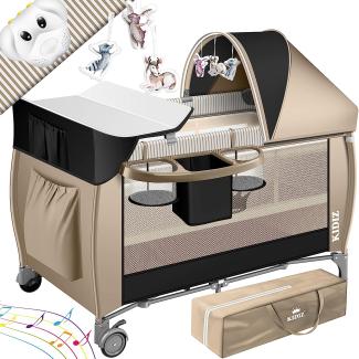 KIDIZ® Babybett 3 in 1 Reisebett Kombi Set Baby Bett mit Wickelauflage Moskitonetz Laufstall Baby ab Geburt bis 15 kg luftige Seitenwände mit Seiteneingang Tragetasche zusammenklappbar Schwarz / Beige