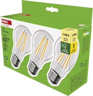 EMOS - LED-Lampe Filament A60 - A Klasse Vintage-Glühbirne - E27 Sockel - warmweiß - 806 lm - extra-sparsam, 3,8W (statt 60W Birne) - 50 000 Stunden - Winkel 360° - CRI min. 80-3er Pack