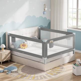 WOLTU Bettschutzgitter, Bettgitter Rausfallschutz 200x2 cm + 150x1, cm Einziehbare Kinderbettgitter mit Luftiges Netz, Boxspringbett höhenverstellbar 69-87 cm, Dunkelgrau