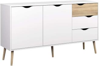 Dmora Sideboard mit zwei Türen und drei Schubladen, Weiß und Eiche, Maße 147 x 81 x 39 cm