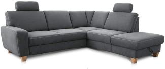Cavadore Ecksofa Wisconsin mit Vorziehsitz / Eckcouch mit Federkern / Inkl. 2 Kopfstützen + Bettkasten / Landhausstil / Holzfüße in Buche / Mikrofaser / Größe: 248 x 88 x 218 cm (BxHxT) / Farbe: Grau