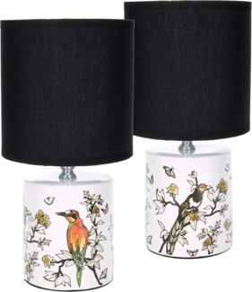 BRUBAKER Nachttischlampe Tischlampe Vogel Design Asiatisch - 1x oder 2er Set - Schirm Schwarz, ohne Leuchtmittel, Designer Lampen mit Keramikfuß, Höhe ca. 30 cm - Tischleuchte