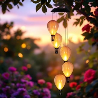 Spetebo LED Dekolicht Solar LED Windspiel mit 5 beleuchteten Heißluftballons - 82 cm, Solar betrieben, LED fest integriert, warm weiß, warm weiß mit Flammeneffekt