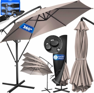 KESSER® Alu Ampelschirm Sonnenschirm + Abdeckung Ø350 cm & Kurbelvorrichtung Kurbelschirm mit Ständer UV-Schutz Aluminium Wasserabweisende Bespannung 360° Funktion Garten-Schirm Marktschirm Taupe