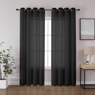 CUCRAF Leinen Voile Vorhänge mit Ösen Lichtfilterung Gardine für Schlafzimmer Wohnzimmer, Schwarz, H225 x B140cm 2er Set